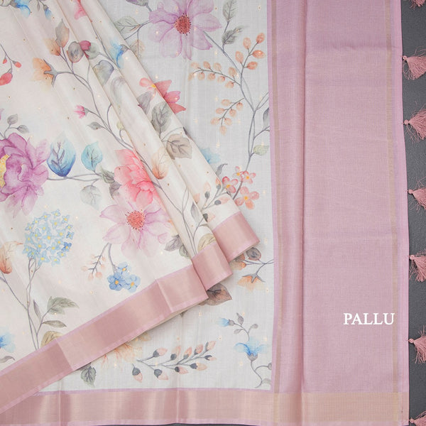 Raw Silk Cream Floral Printed Saree With Zari Border 02