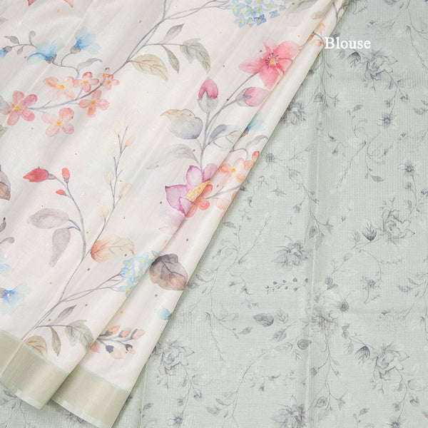 Raw Silk Cream Floral Printed Saree With Zari Border 03