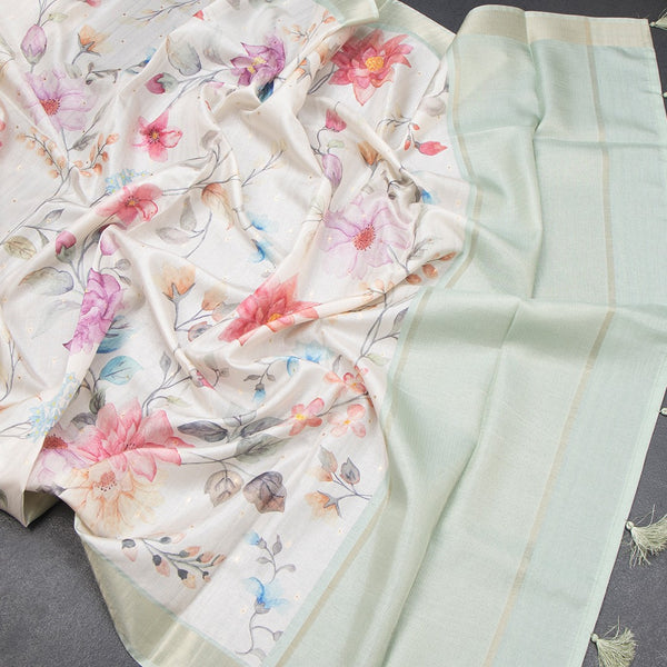 Raw Silk Cream Floral Printed Saree With Zari Border 03