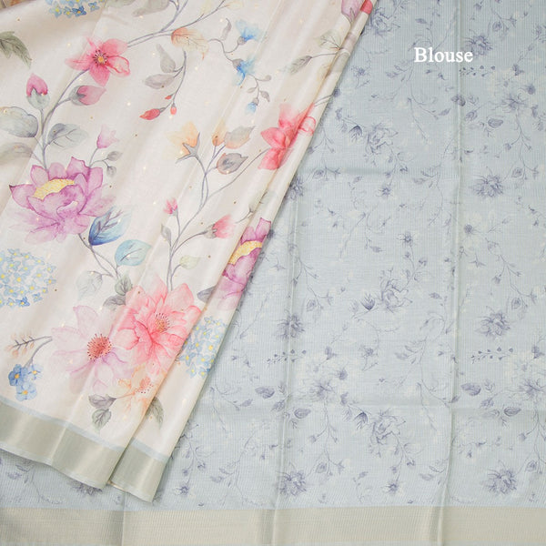 Raw Silk Cream Floral Printed Saree With Zari Border 04