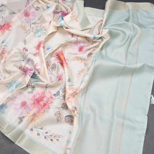 Raw Silk Cream Floral Printed Saree With Zari Border 04