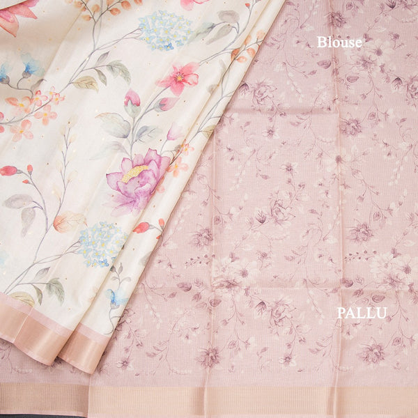 Raw Silk Cream Floral Printed Saree With Zari Border 05