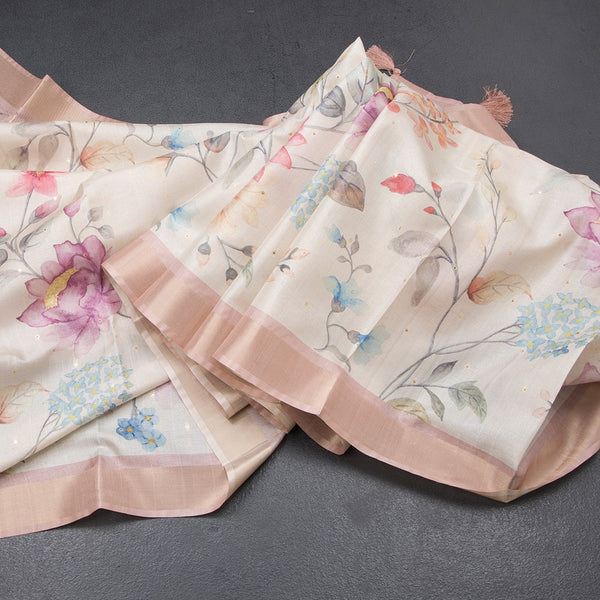 Raw Silk Cream Floral Printed Saree With Zari Border 05