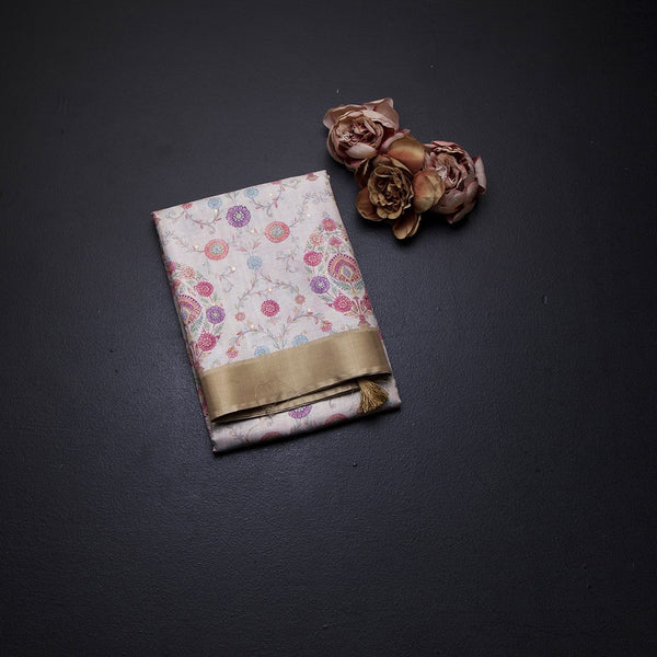 Raw Silk Cream Floral Printed Saree With Zari Border 06