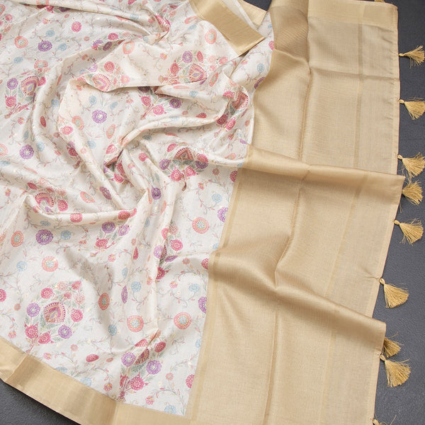 Raw Silk Cream Floral Printed Saree With Zari Border 06