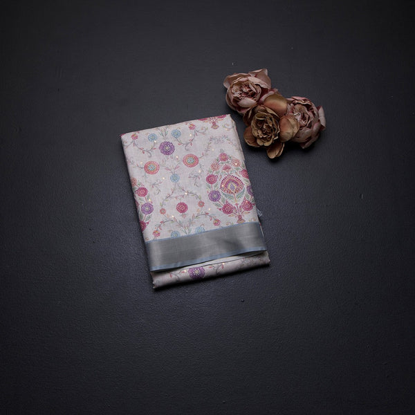 Raw Silk Cream Floral Printed Saree With Zari Border 07