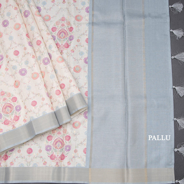 Raw Silk Cream Floral Printed Saree With Zari Border 07