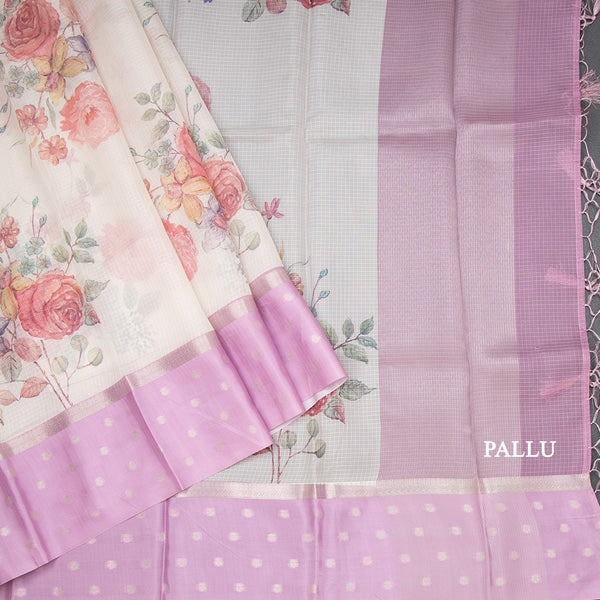 Kota Cream Floral Printed Saree With Zari Buttas On Border