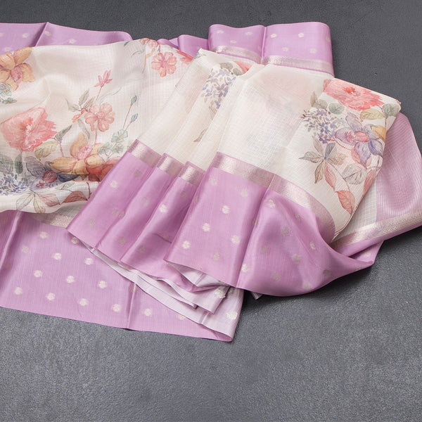 Kota Cream Floral Printed Saree With Zari Buttas On Border