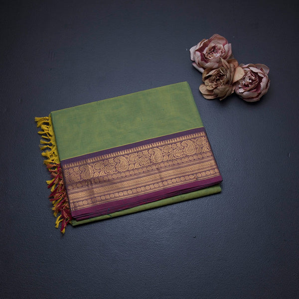 Chettinad Cotton Lime Green Plain Saree With Zari Border With Blouse