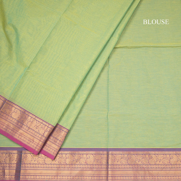 Chettinad Cotton Lime Green Plain Saree With Zari Border With Blouse