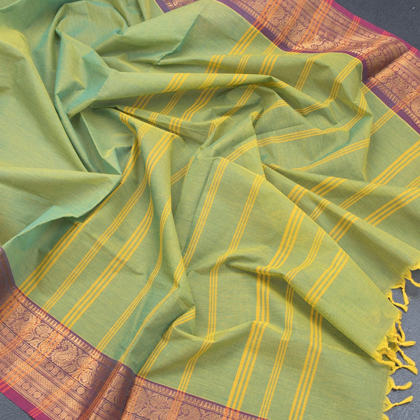 Chettinad Cotton Lime Green Plain Saree With Zari Border With Blouse
