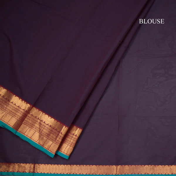 Chettinad Cotton Dark Maroon Plain Saree With Zari Border With Blouse