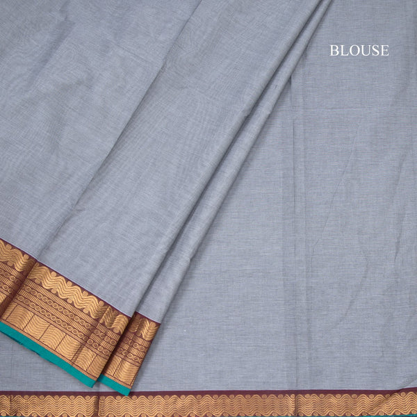 Chettinad Cotton Grey Plain Saree With Zari Border With Blouse