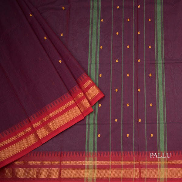 Chettinad Cotton Maroon Saree With Small Buttas And Temple Border With Blouse