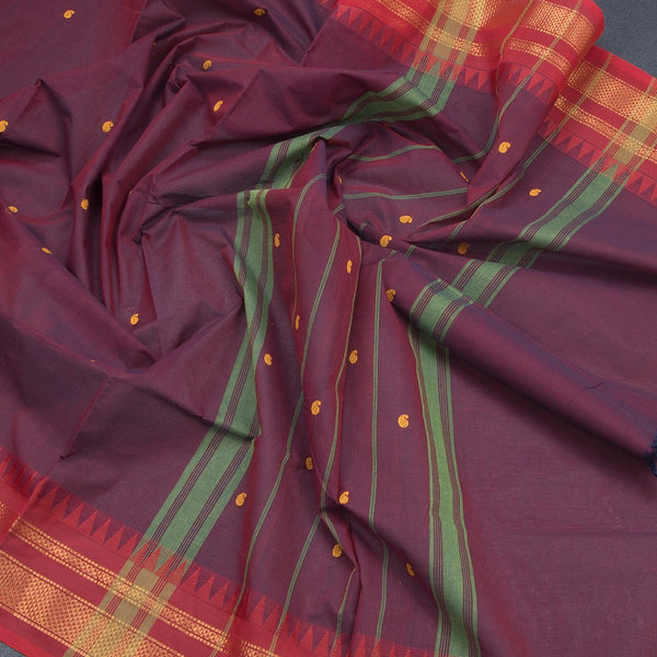 Chettinad Cotton Maroon Saree With Small Buttas And Temple Border With Blouse