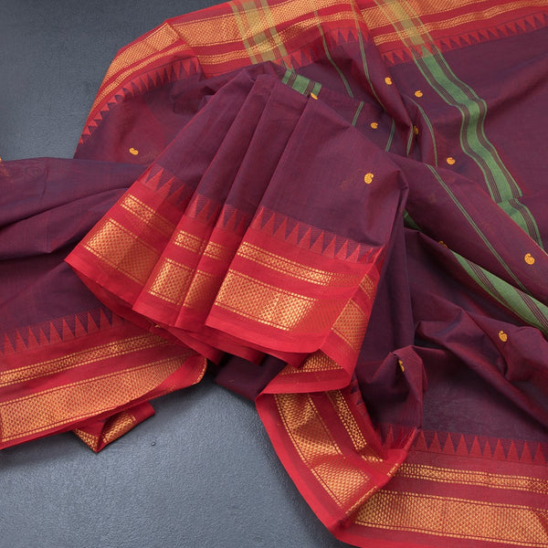 Chettinad Cotton Maroon Saree With Small Buttas And Temple Border With Blouse