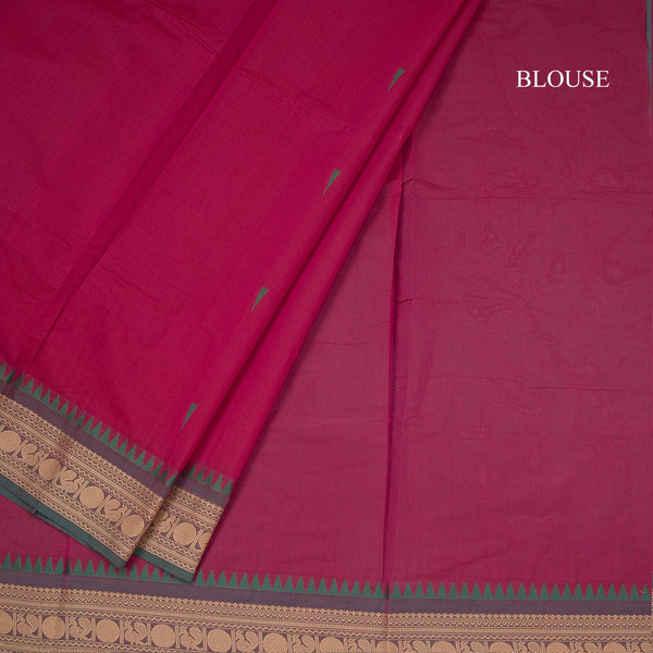 Chettinad Cotton Hot Pink Saree With Small Buttas And Temple Border With Blouse