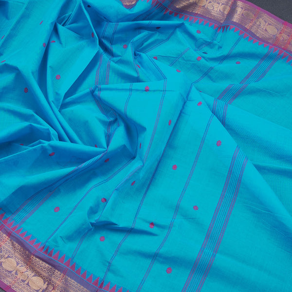 Chettinad Cotton Sky Blue Saree With Small Buttas And Temple Border With Blouse