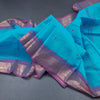 Chettinad Cotton Sky Blue Saree With Small Buttas And Temple Border With Blouse