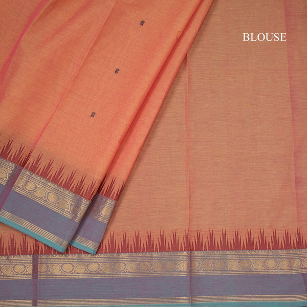 Chettinad Cotton Light Orange Saree With Small Buttas And Temple Border With Blouse