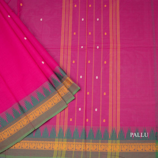 Chettinad Cotton Hot Pink Saree With Small Buttas And Temple Border With Blouse 02
