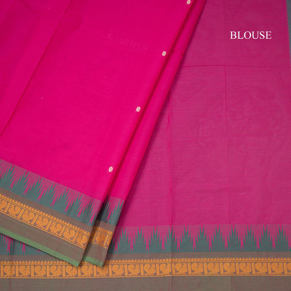 Chettinad Cotton Hot Pink Saree With Small Buttas And Temple Border With Blouse 02