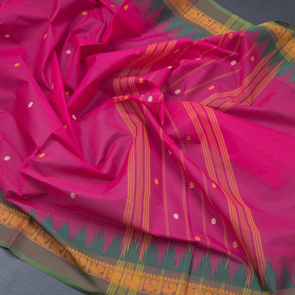 Chettinad Cotton Hot Pink Saree With Small Buttas And Temple Border With Blouse 02