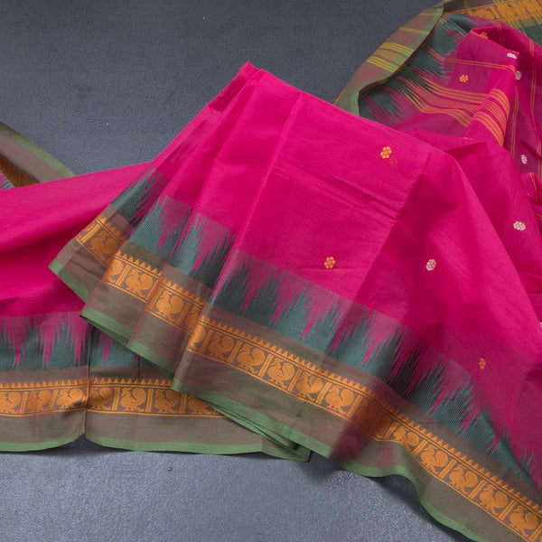 Chettinad Cotton Hot Pink Saree With Small Buttas And Temple Border With Blouse 02