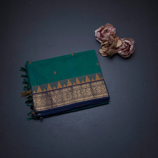 Chettinad Cotton Peacock Green Saree With Small Buttas And Temple Border With Blouse