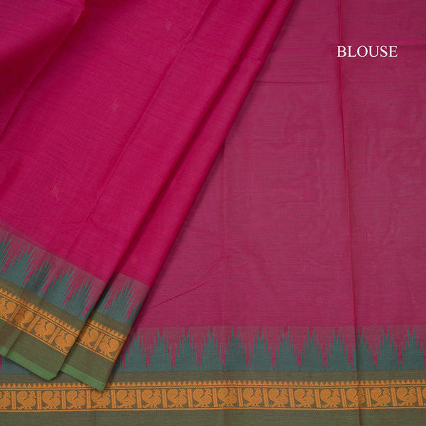 Chettinad Cotton Hot Pink Saree With Small Buttas And Temple Border With Blouse 03