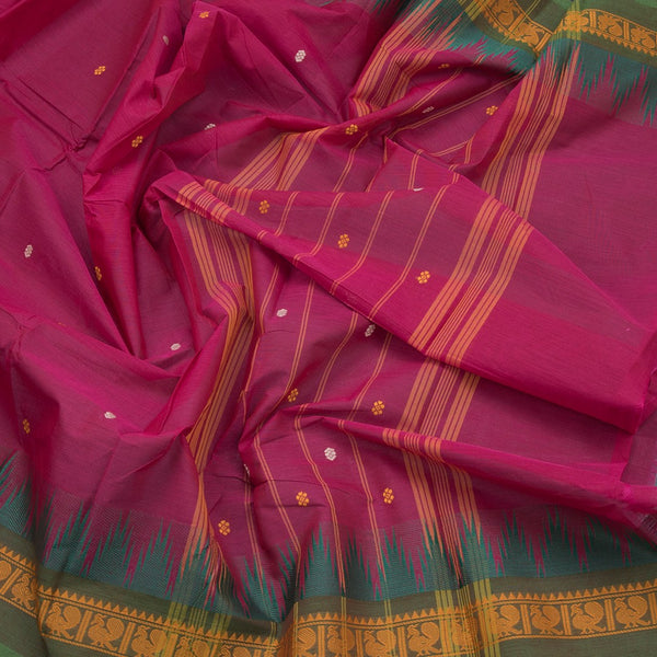 Chettinad Cotton Hot Pink Saree With Small Buttas And Temple Border With Blouse 03