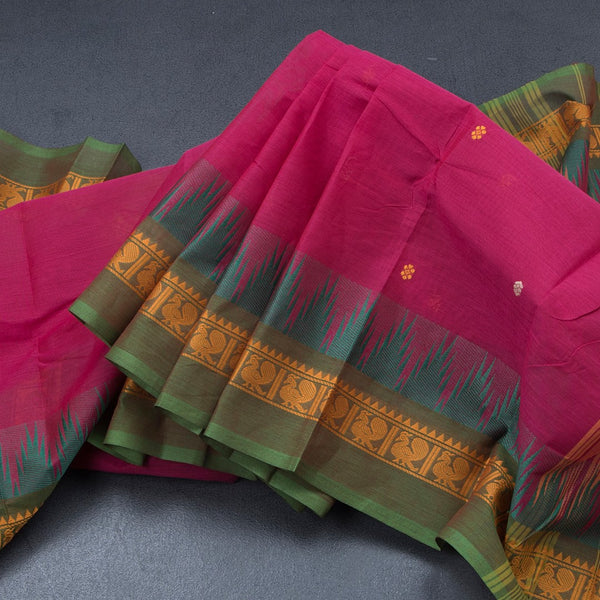 Chettinad Cotton Hot Pink Saree With Small Buttas And Temple Border With Blouse 03