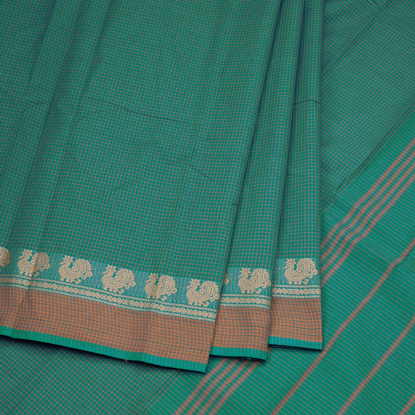 Chettinad Cotton Peacock Green Checked Saree With Mustard Border Without Blouse