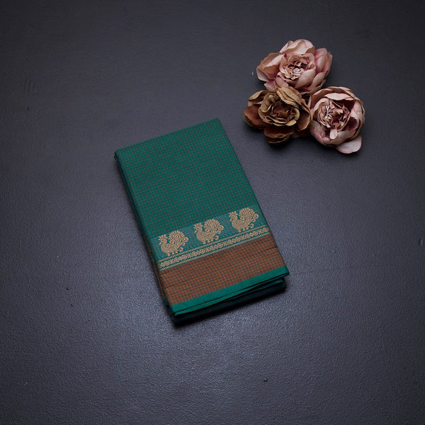 Chettinad Cotton Peacock Green Checked Saree With Mustard Border Without Blouse