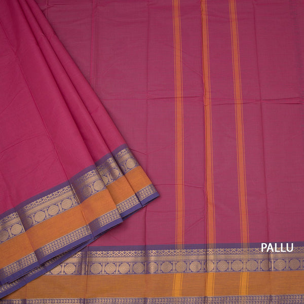 Chettinad Cotton Pink Plain Saree With Zari Border Without Blouse