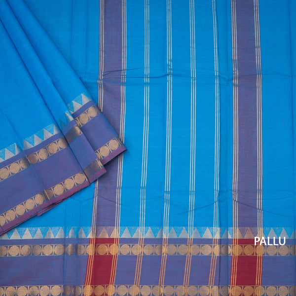 Chettinad Cotton Sky Blue Plain Saree With Rettapet Border Without Blouse
