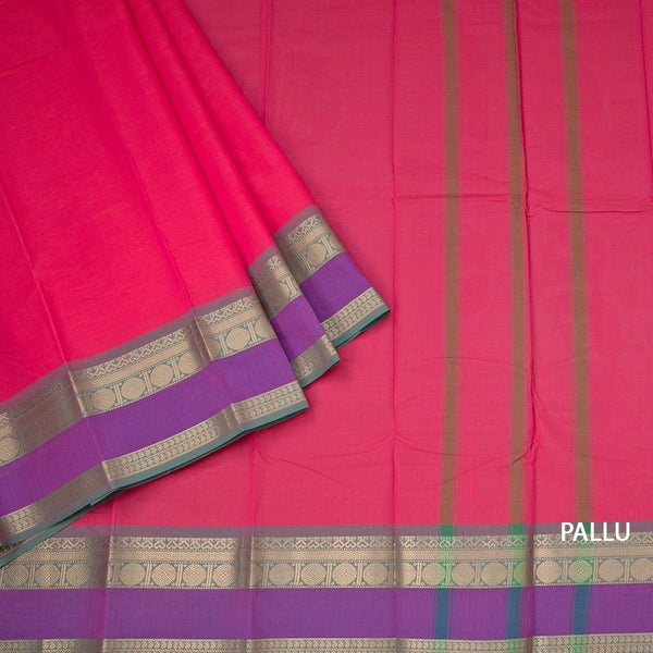 Chettinad Cotton Reddish Pink Plain Saree With Zari Border Without Blouse