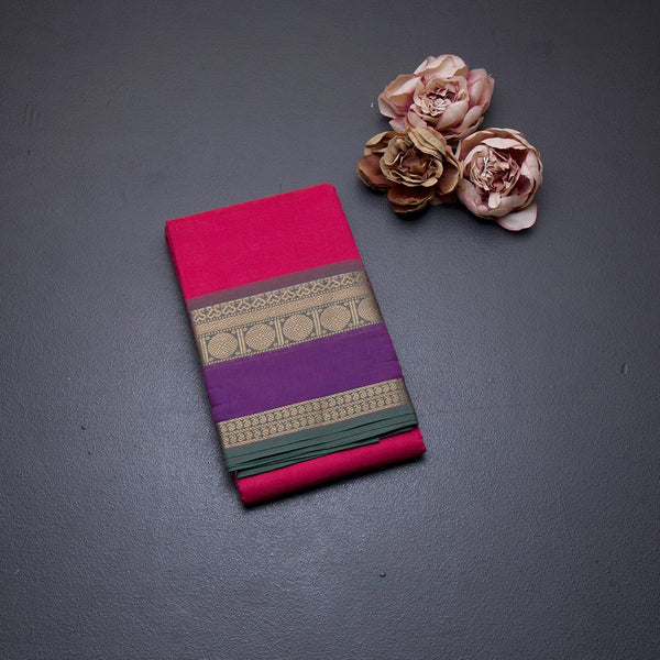Chettinad Cotton Reddish Pink Plain Saree With Zari Border Without Blouse