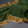 Chettinad Cotton Leaf Green Plain Saree And Thread With Zari Border Without Blouse