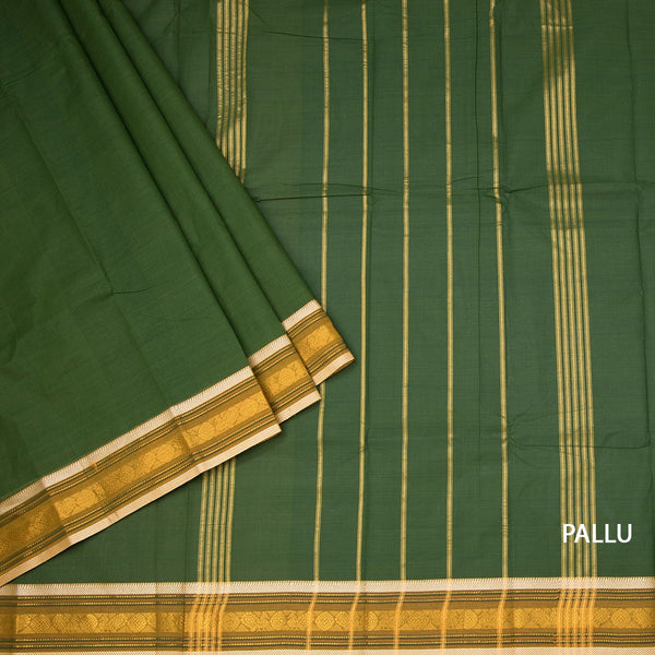 Chettinad Cotton Leaf Green Plain Saree And Thread With Zari Border Without Blouse