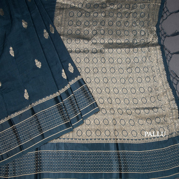 Tussar Peacock Blue Saree With Zari Buttas And Satin Border