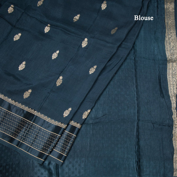 Tussar Peacock Blue Saree With Zari Buttas And Satin Border