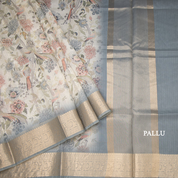 Raw Silk Cream Floral Printed Saree With Zari Border 08
