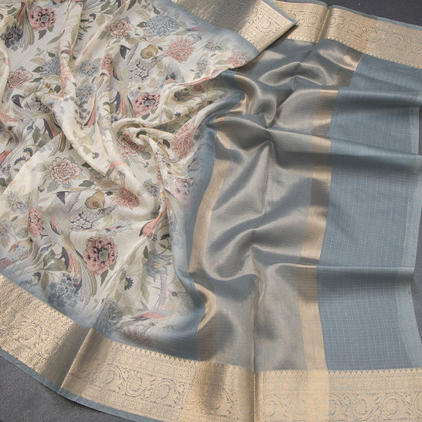 Raw Silk Cream Floral Printed Saree With Zari Border 08