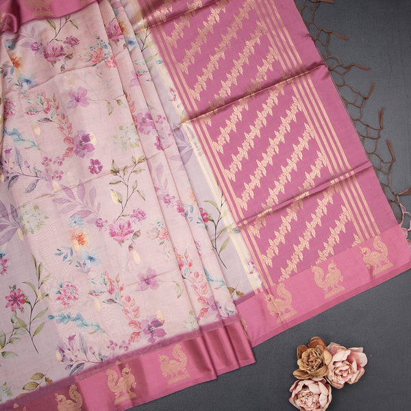 Raw Silk Light Pink Floral Printed Saree With Zari Border