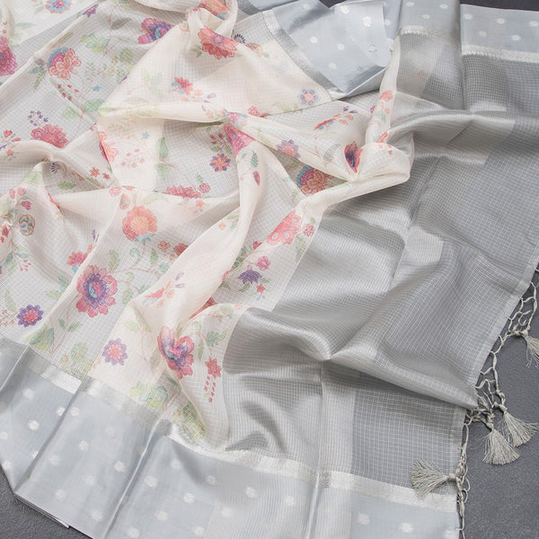 Kota Cream Floral Printed Saree With Zari Buttas On Border 02