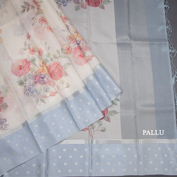 Kota Cream Floral Printed Saree With Zari Buttas On Border 03