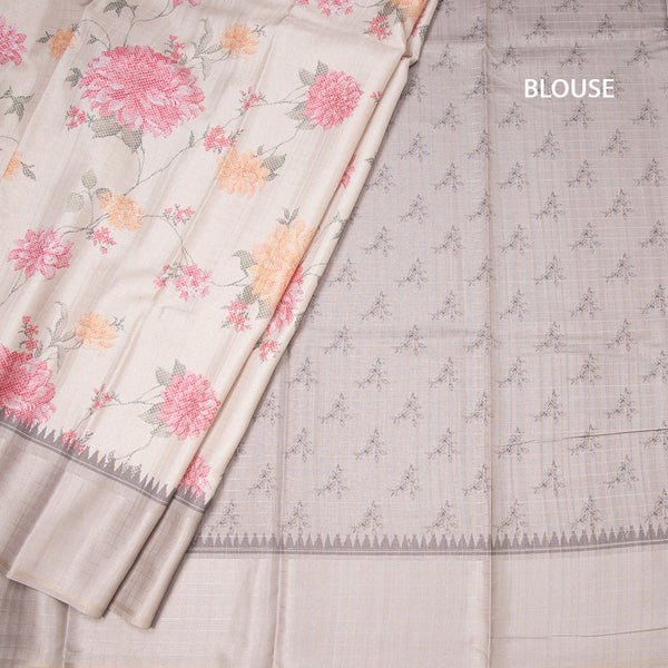 Raw Silk Cream Floral Printed Saree With Zari Checks Border