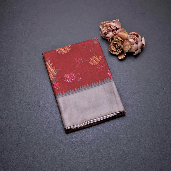 Tussar Maroon Floral Printed Saree With Zari Checks Border